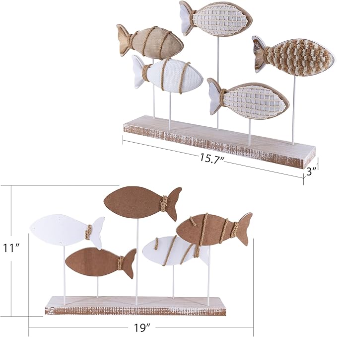 NAUTIMALL Wooden Fish Figurines with Jute Rope and Cotton String, Fish Sculpture Statues for Home Decoration, Table Top Nautical Decor for Living Room, Bedroom, Beachhouse Home Decor (JuteFish-5)