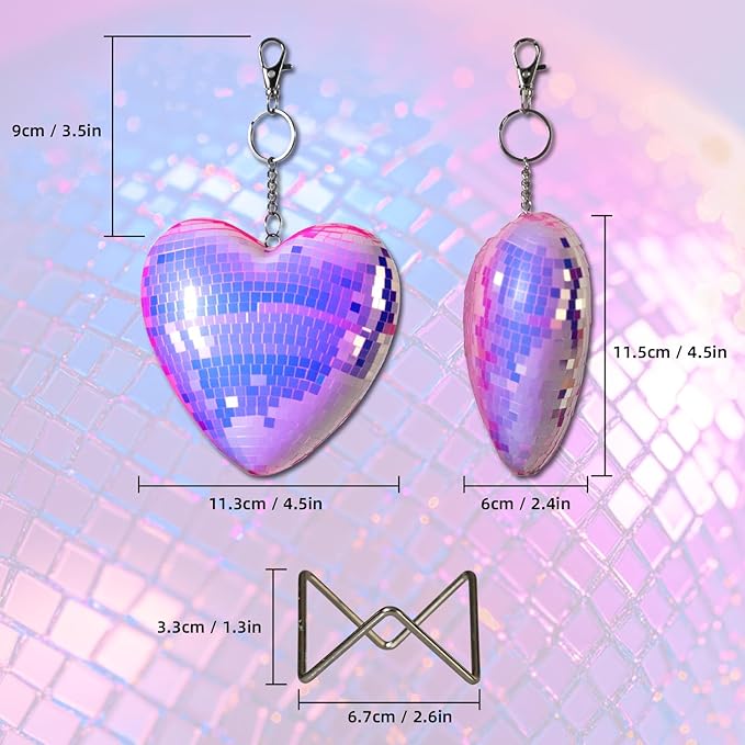 2 Pack Mirror Heart Disco Ball, Purple Reflective Hanging Decorative Ornament with Stand, Heart-Shaped Decor for Wall, Party, Room, Home, Gift Idea for Couples, Valentine's Day(4.5 inch)