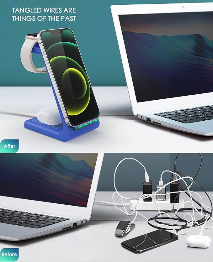 3 in 1 Wireless Charging Station, 2025 Upgraded Fast Desk Charger Station for iPhone 17 16 15 14 13 12 Pro Max Plus, Charger Stand for Apple Watch 10 9 8 7 6 5 4 3 2 SE, Airpods 4 3 2 Pro(Blue)