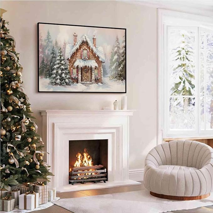 Snowy Cabin Wall Art Christmas Landscape Print Watercolor House Poster Festive Holiday Canvas Print Rustic Winter Scene Wall Decor Indoor Decor for Living Room Bedroom Kitchen Framed Ready to Hang