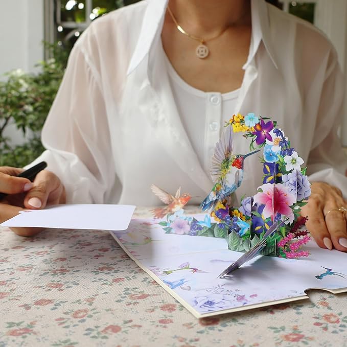Hummingbird Pop Up Card – Handmade 3D Flower Birthday Card for Mom or Women – Encouragement or Thinking of You Greeting Card