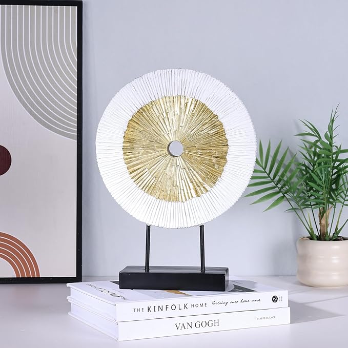 oliruim 12" Tall Abstract White Gold Round Sculpture - Unique Home Decoration for Above Cupboard Decor, Living Room Coffee Table, Console, Office, Entrance, Table Centerpieces (White Gold)