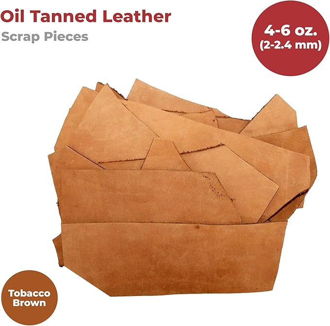 ELW Oil Tanned Leather Scraps | 4-6 oz (1.8-2.4mm) Medium Weight | Size: 10 LB | Genuine Cowhide Full Grain Leather Remnants for Crafting, Ideal for DIY Leatherworking Projects | Color: Tobacco Brown