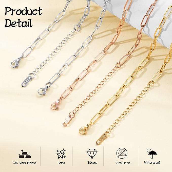 15PCS 18K Gold Plated 6.3Inch Paperclip Chain Bracelets Kit Stainless Steel Adjustable Charm Bracelets with Lobster Clasps for DIY Jewelry Making