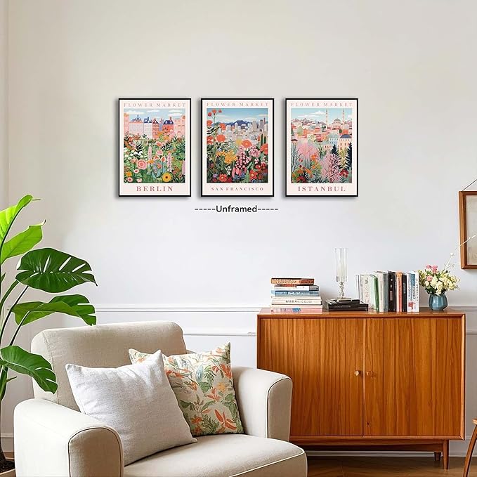 XLARTMY Flower Market Wall Art Prints Canvas Orange and Pink Floral Paintings Colorful Botanical Travel Flower Posters for Home Decor Pictures Set of 3 for Living Room Bedroom 12x16in Unframed