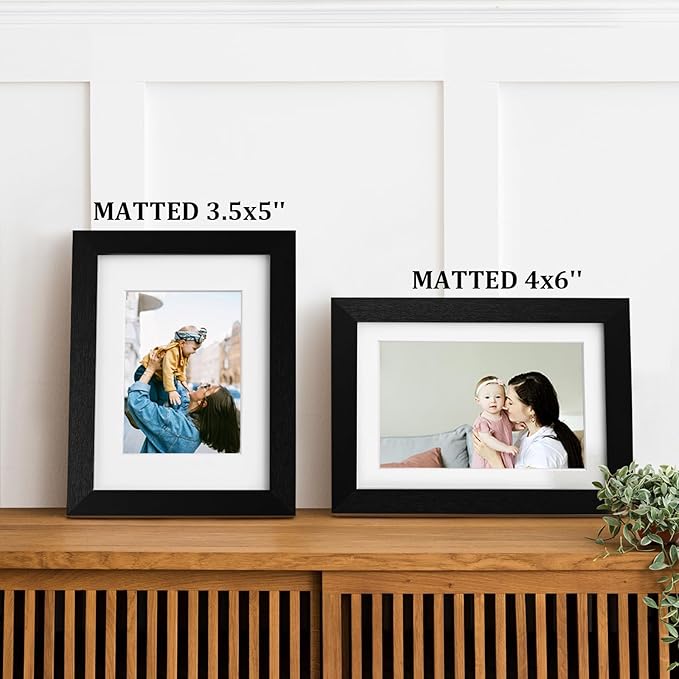 Egofine 5x7 Picture Frame 4PCS Made of Solid Wood, Display Picture 3.5x5/4x6 with Mat or 5x7 Covered by Plexiglass for Table Top Display and Wall Mounting Photo Frame, Black with Texture
