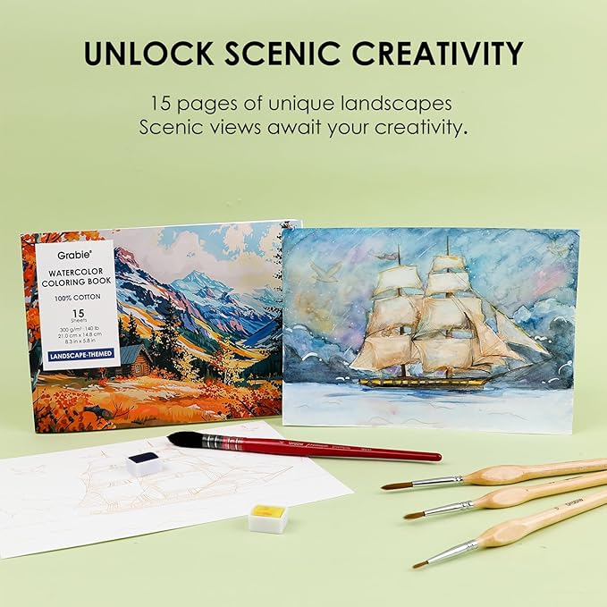 Grabie Watercolor Coloring Book, 15 Sheets A5 (8.3 x 5.8),Watercolor Book for Adults: Ignite Your Artistic Expression on 100% Cotton Paper (Land-Scape)