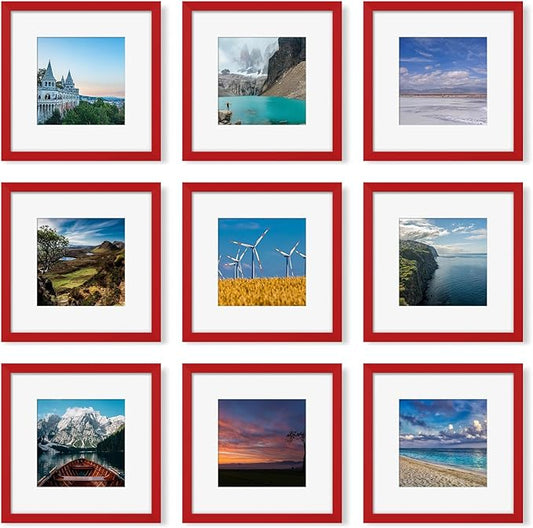 12x12 Picture Frame Set of 9, Photo Gallery Wall Frame Set, Display Pictures 8x8 with Mat or 12 x 12 Without Mat, Square Frame Picture Frames Collage Wall Decor, Red