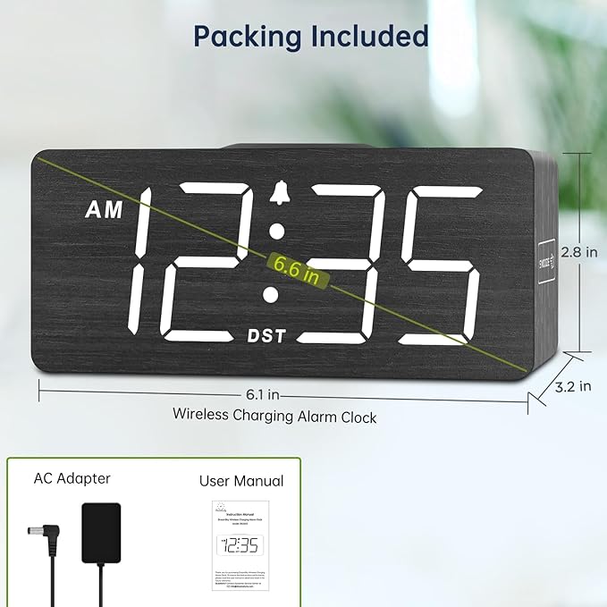 DreamSky Wooden Digital Alarm Clock with Wireless Charging for Bedroom, Bedside Nightstand Clock with Charger Station, USB Port, Large Numbers, Adjustable Volume, Brightness Dimmer, DST