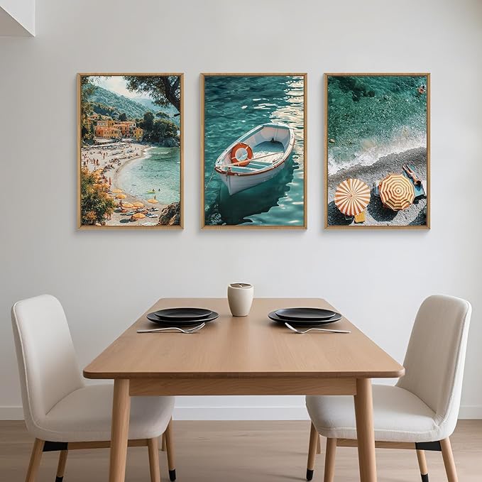 Natural Coastal Ocean Framed Canvas Wall Art Set,Mediterranean Amalfi Blue Green Beach Seascape Decor,Modern Summer Seaside Boat & Umbrella Artwork for Living Room,Bedroom,Farmhouse- 16"x24"x3