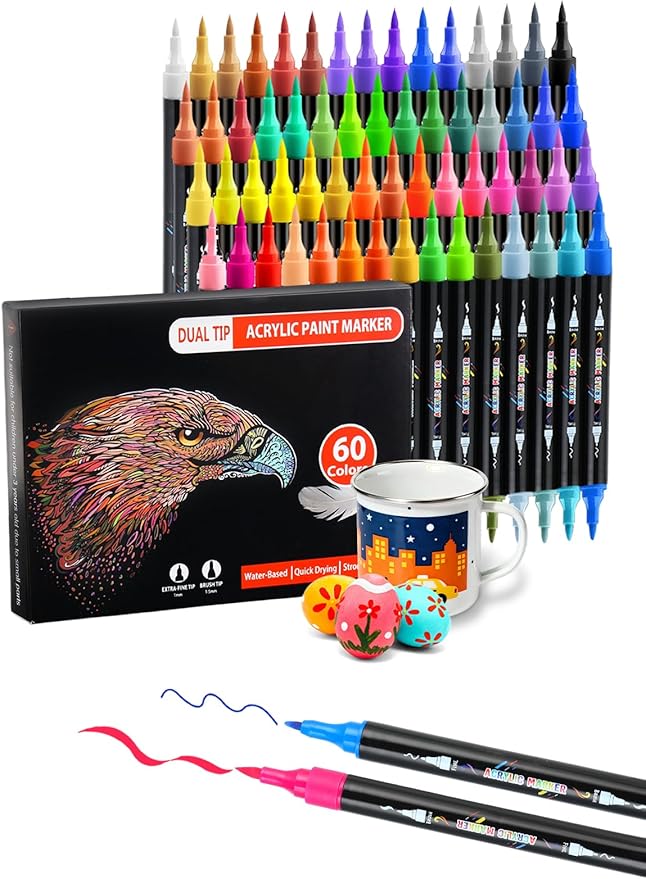 60 Colors Acrylic Paint Markers, Dual Tip Acrylic Paint Pens with Brush and Fine Tips for Kids, Adults, Wood, Canvas, Stone, Rock Painting, Glass, Ceramic Surfaces, DIY Crafts Making