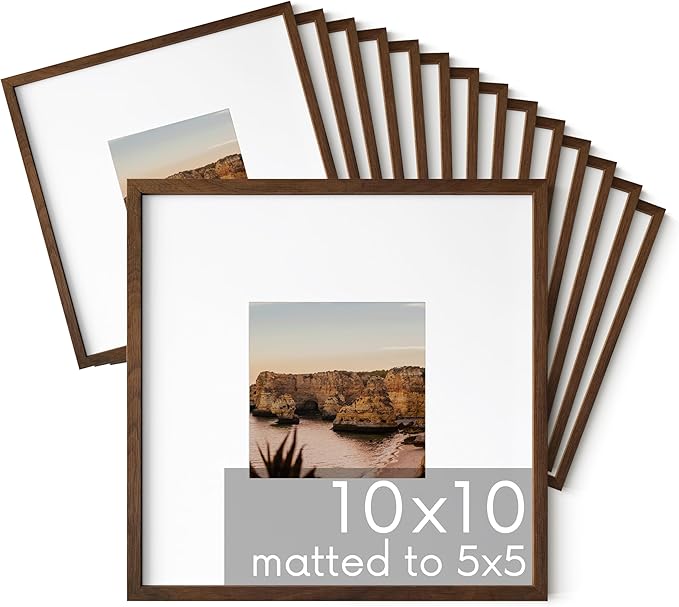 HAUS AND HUES Walnut Oak Wood 10x10 Picture Frames - Set of 15, Square Frames with Mat, Modern Frames for Posters and Prints (10x10 in, Walnut, Set of 15)