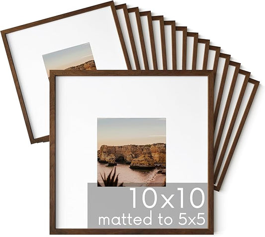 HAUS AND HUES Walnut Oak Wood 10x10 Picture Frames - Set of 15, Square Frames with Mat, Modern Frames for Posters and Prints (10x10 in, Walnut, Set of 15)