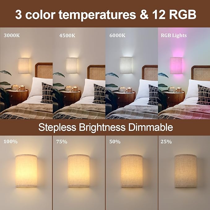 Adhesive Battery Operated Wall Sconce Set of 2, 6000 mAh Battery Rechargeable Bulb with 12 RGB Colors, Stick on Wall Sconce No Drill Wall Lights, Linen