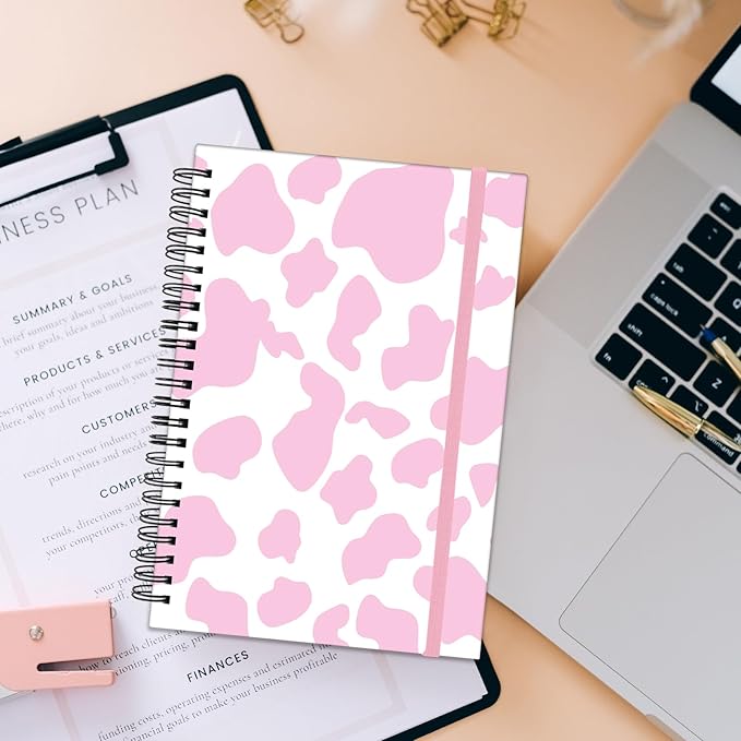 Spiral Notebook,Hardcover Journal Wide Ruled Spiral Notebook,A5 5.5 x 8.3 Inch,80GSM Thick Paper 60 Sheets 120 Pages for Girls Women School Office Aesthetic Cute-Pink Cow