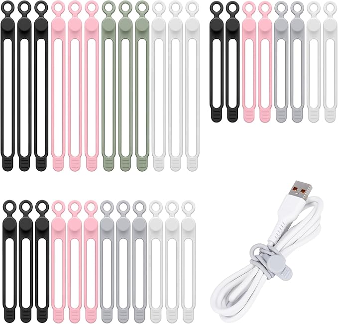 32Pcs Silicone Cable Ties, Data Cable Organizer Silicone Cable Straps Cord Ties Wrap Reusable Wire Organizers Elastic Cables Cord Management Organizers for Electronics, Home, Office, School, Travel