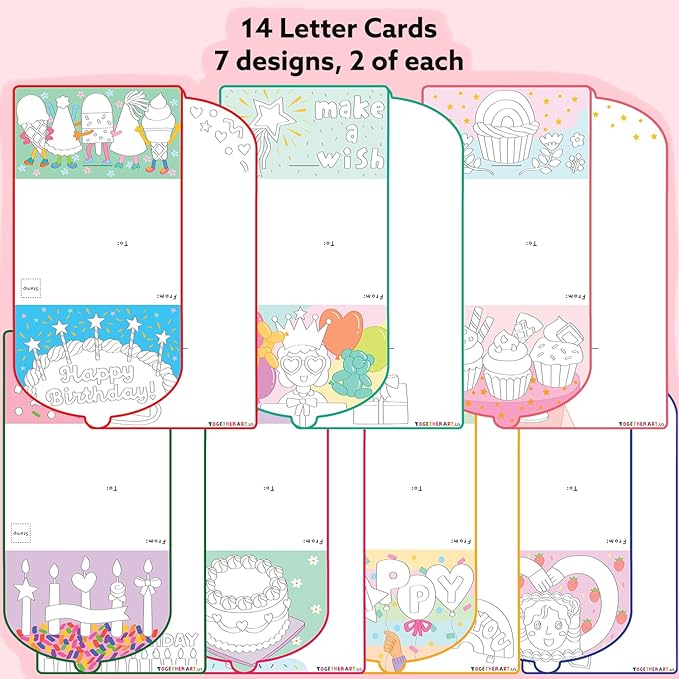 Together Art Happy Birthday Card Art Kit – DIY Sticker Coloring Craft Kit for Kids | DIY Color Your Own Stickers & Create Your Message | Birthday Card Coloring Sheets & Art Activity Gift