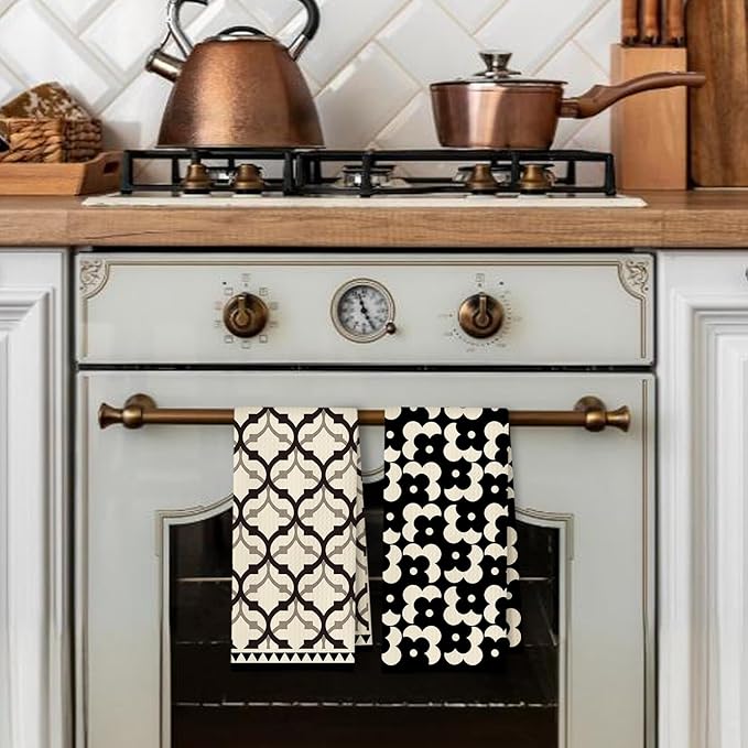 Black Beige Moroccan Kitchen Towels Set of 2, Retro Boho Abstract Dish Tea Towels for Kitchen Decor, Retro Mid Century Modern Hand Towel for Bathroom Decor, 16x24 Inches