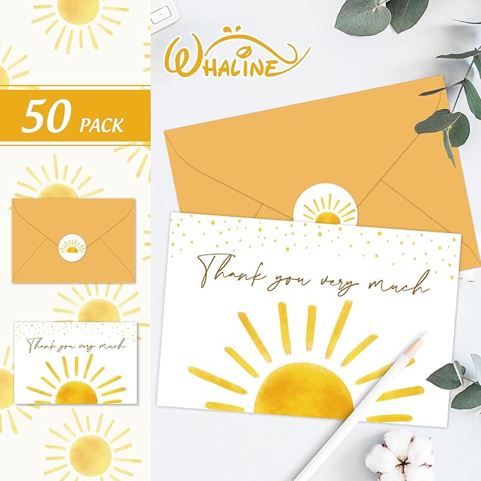 Whaline 50 Packs Baby Shower Thank You Cards Greeting Card Boho Sun Sunshine Blank Note Cards with Envelopes and Stickers Boxed for Birthday Holiday Baby Shower, 4 x 6 Inch