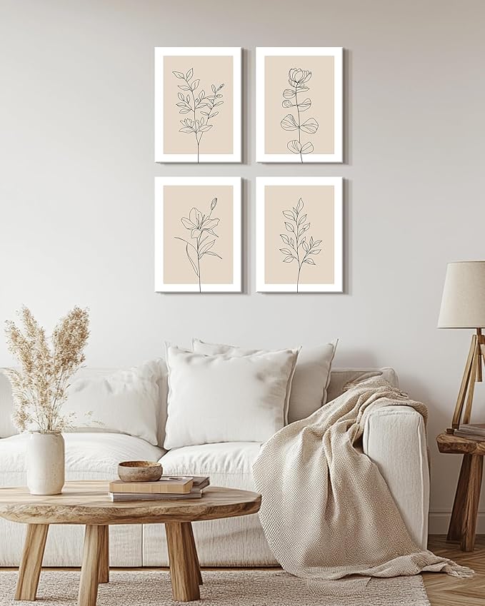 Drsoum Botanical Boho Framed Wall Art Wooded Minimalist Aesthetic Flower Prints Farmhouse Retro Plants Rustic Bathroom Kitchen Home Decor Ready to Hang 12x16inx4pcs (Framed)
