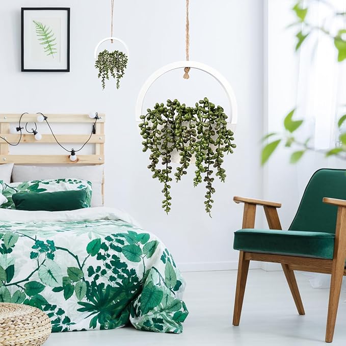 2PCS 12.2" Fake Hanging Plant, Succulent Wall Decor, Fake Plants Decor, String of Pearls in Pot with 8.3" Lanyard for House Indoor Outdoor Bedroom Wall Decor Aesthetic (White)