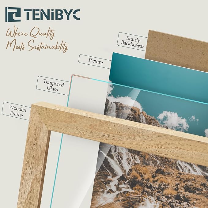 8x10 Picture Frame 4 Pack, Textured Natural Wood, HD Tempered Glass, Gallery Photo Frame, Table or Wall Display