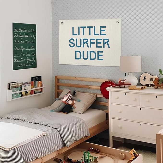 Coastal Summer Beach Surf Decor, Boys Beach Room Decor Aesthetic, Little Surfer Dude Linen Banner Wall Hanging Banner Flag 20x30 Inch