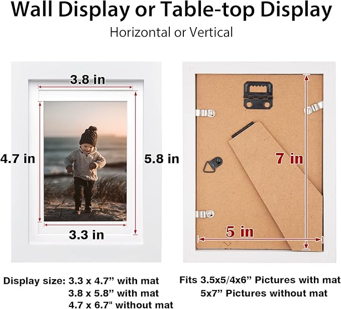 KINLINK 5x7 Picture Frame White, Solid Wood Frames with Acrylic Plexiglass for Pictures 4x6 With Mat or 5x7 Without Mat,Tabletop and Wall Display Photo Frame Set of 4
