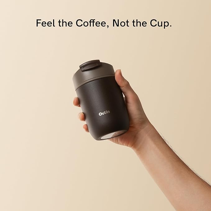 OutIn Travel Tumbler, Outdoor Insulated Coffee Tumbler with Leak-Proof Flip Lid, 12 oz Stainless Steel Mug for Hot & Cold Drinks Sand White