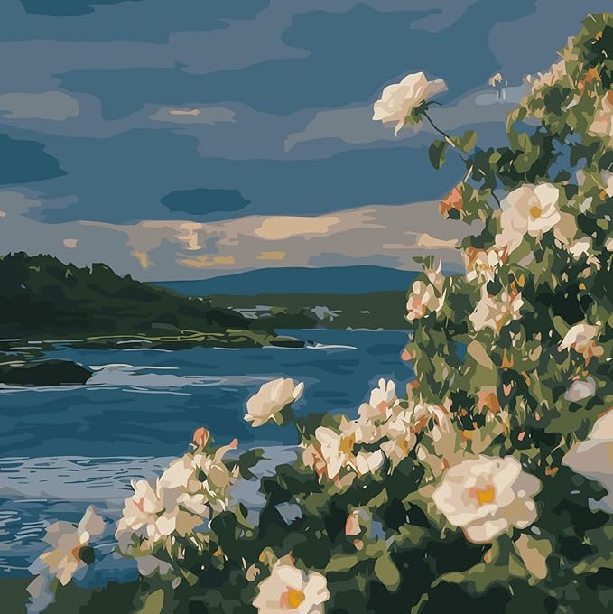 Paint by Numbers Kit for Adults Beginner,Coastal White Rose Paint by Number Kits Canvas Without Framed,Flower DIY Acrylic Oil Painting Adults Paint by Numbers Kits for Home Wall Decor 16x16 Inch