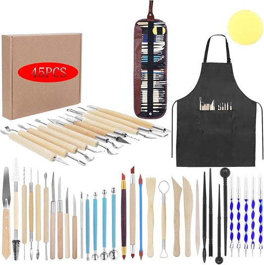 Yagugu Pottery Clay Tools for Adults Sculpting, 45Pcs Basic Wood Ceramics Carving Polymer Clay Tool Supplies kit Supplies for Kids and Artists Modeling Shaping Building for Art&Craft Gifts