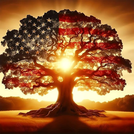 5D Diamond Painting Kits for Adults, American Flag Tree Diamond Art Kits for Beginner, DIY Full Drill Round Ancient Tree Gem Art Paint by Diamonds Dots Crafts Kits for Home Decor 13.7x13.7 Inch