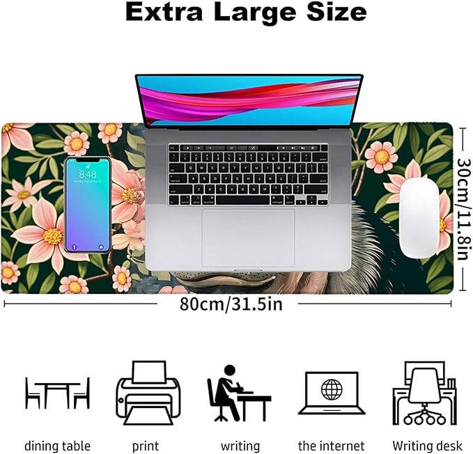 Hippo Floral Gaming Mouse Pad, Office Desk Mat, Anti-Slip Rubber Base Cool Aesthetic Mouse Pads for Computer Laptop Keyboard School Home Desktop Gamer Home Accessories Decor 31.5" x 11.8"
