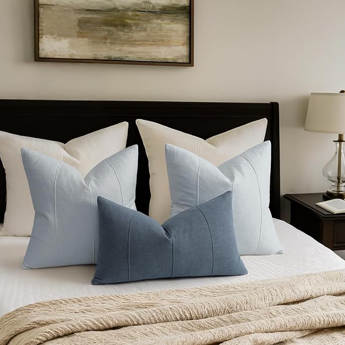 ZWJD Decorative Linen Throw Pillow Covers 18x18 Set of 2 Solid Handcrafted Striped Cushion Covers for Bed Soft Modern Farmhouse Neutral Pillowcase for Couch Bedroom Living Room Home Decor(Sky Blue)
