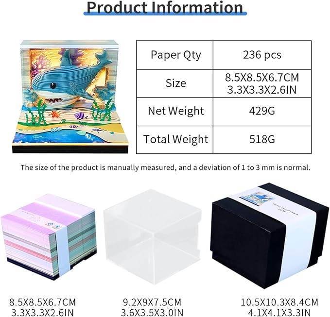 3D Time Piece Calendar 2026 3D Tear Away Art Memo Pad Notepad Desk Calendar with Light,3D Art Calendar Desktop Decoration Gift for Christmas (Ocean Shark)