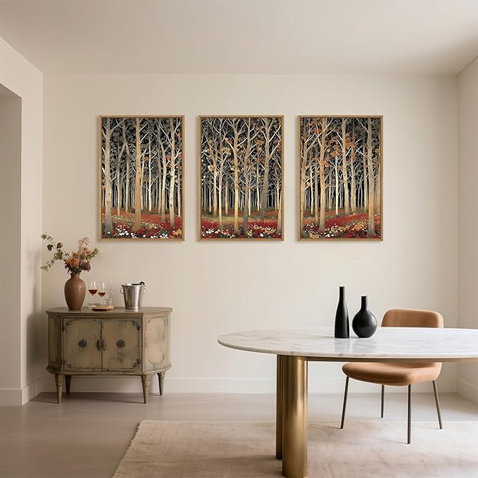 Large Modern Autumn Birch Trees Framed Canvas Wall Art,Boho Aspen Trees Wall Decor,Mid Century Fall Forest Artwork,Natural Midnight Wilderness Art Print for Living Room,Bedroom,Office-24"x36"x3