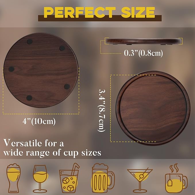 Wood Coasters with Holder, GOH DODD Set of 8 Walnut Wooden Coaster Tabletop Protection for Drinks Coffee Table Home Kitchen Office Bar Living Room Decor Housewarming Gifts Wedding Party, 4 Inch