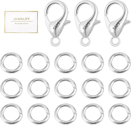 23Pcs 925 Sterling Silver Lobster Claw Clasps 10mm with Open Jump Rings Jewelry Making Set, Sterling Silver Jewelry Finding Supplies Small Lobster Clasps for Necklaces Bracelet Chains Connector