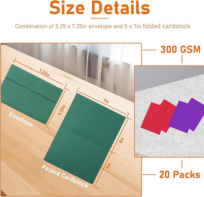 10 Assorted Colors Greeting Cards and Envelopes 5 x 7 Printable Blank 300GSM Folded Cardstock and A7 Envelopes Self Seal 20 packs for Invitations, Wedding, Thank You Cards, Birthday