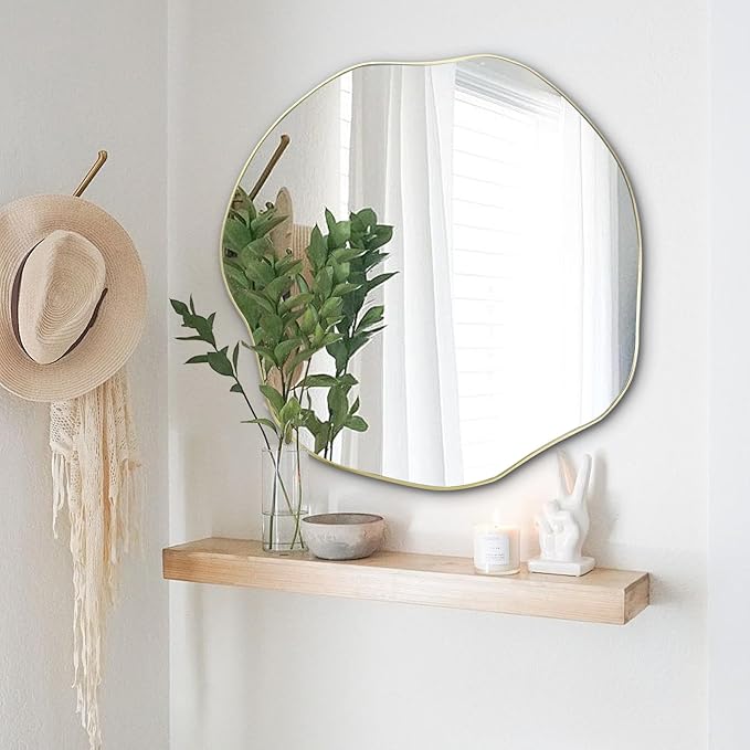 POZINO Irregular Wall Mirror, 35" Large Asymmetrical Mirrors, Gold Scalloped Rounded Mirror, Modern Frameless Abstract Circle Mirrors for Living Room Bedroom Bathroom Entryway Hallway Fireplace