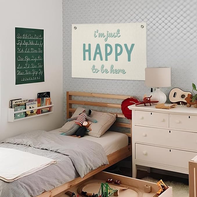Kids Room Decor, I'm Just Happy to Be Here Banner, Cute Positive Linen Canvas Banner Wall Hanging Flag Decor for Toddler Bedroom Nursery Playroom Classroom Preschool Daycare
