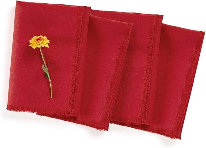Solino Home Cherry Red Linen Napkins Set of 4-100% Pure Linen Fringe Dinner Napkins 20 x 20 Inch for Valentines