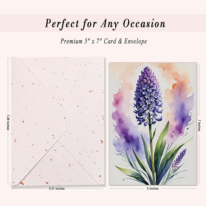 Elegant Blank Inside Greeting Card with Envelope, 5x7 Inch Watercolor Hyacinth Card – All Occasion, Birthday, Sympathy, Thank You - Single Card