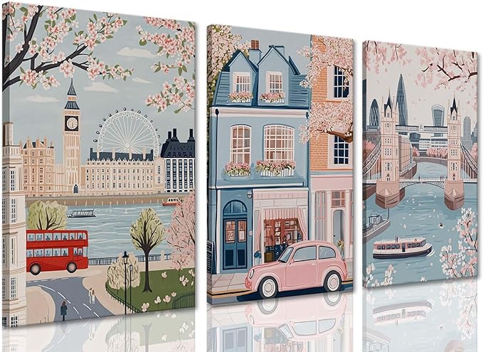 XLARTMY Watercolor City Landscape Travel Wall Art Canvas Framed Pink Cherry Flower Poster Girly Prints Painting Pictures Set of 3 for Bedroom Living Room Office 12x16in