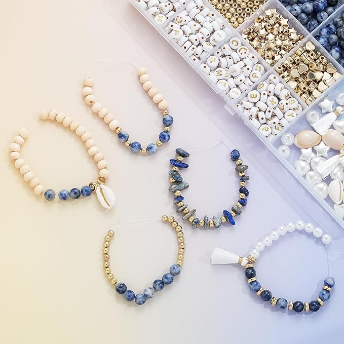 Xylise DIY Jewelry Making Kit, 1000+ Beads with Letters, Turquoise and Pearl Beads, Gold Charms, Bracelet Supplies (Blue dot Color)