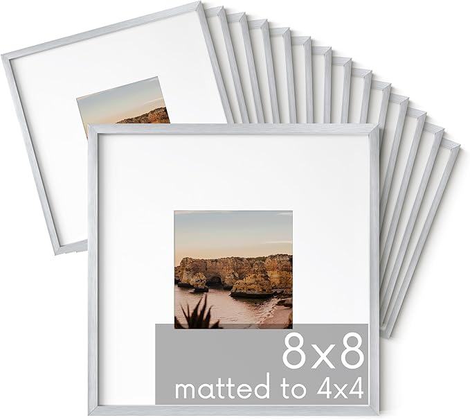 HAUS AND HUES 8x8 Silver Metal Picture Frames Matted to 4x4 - Features Premium Aluminum & Hanging Hardware, Shatterproof Plexiglass - Ideal for Home, Room, Office (8x8 in, Silver, Set of 15)