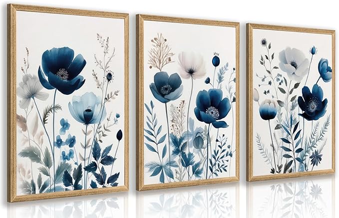LLEEMPI Navy Blue Floral Wall Art Set of 3, Modern Wildflower Wall Decor, Watercolor Botanical Canvas Paintings, Classic Minimalist Poster Prints for Bedroom Bathroom Office Wood Framed 16x24 Inch