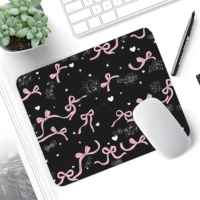 Seorsok Square Aesthetic Ribbon Bows&Shining Stars and Love Mouse Mat,Premium Textured Mouse Pads for Office Laptop,Washable Square Mousepads with Extended Stitched Edges Non Slip Rubber Base,Black