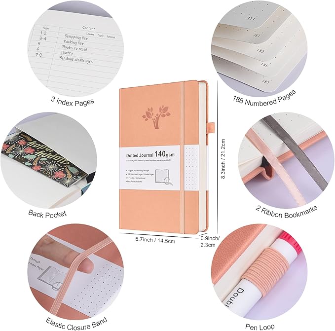 Bullet Dotted Journal Kit, 140gsm Hardcover A5 Dotted Journal with 188 Numbered Pages and 3 Index, 12 Brush Pens Dual Tip, 10 Stencils and 14 Washi Tape for Women Men Teen Girls, Pink