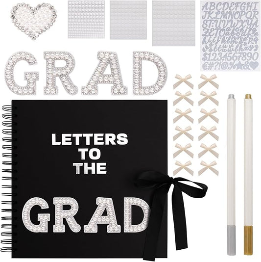 BINBE 8 x 8 Inch Letters to The Grad Scrapbook School Memory Book DIY Blank Paper Scrapbook Photo Album Book Sign with Pearl Stickers, Metallic Letters, Bows (Black)
